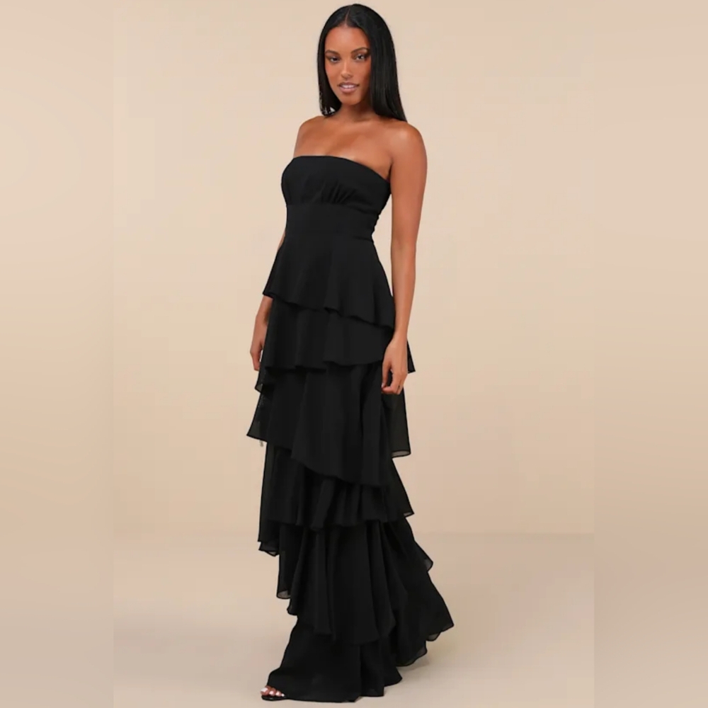 NWOT Lulu's Black Strapless Tiered Maxi Dress Size M=6/8 - Picture 2 of 6